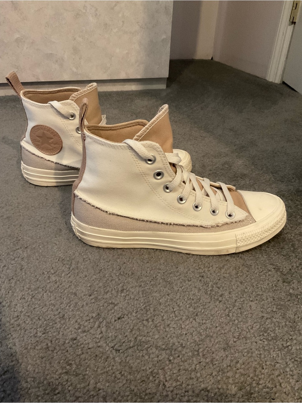 Converse High-Top Sneakers in White and Tan